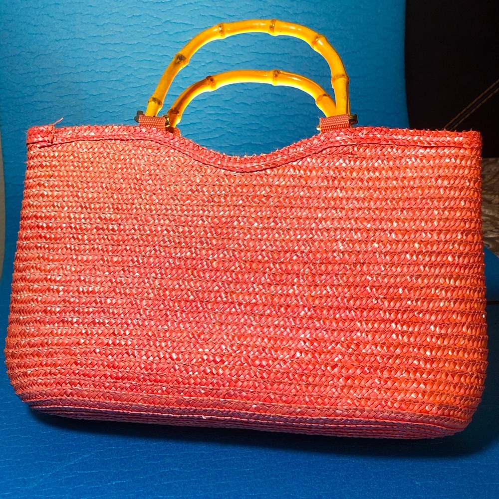 Vintage St John’s Bay’s Pink Straw Purse With Bamboo Handles.